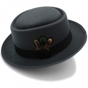 Fedoras Classic Wool Felt Black Pork Pie Hat Porkpie Jazz Fedora Hat Round Top Trilby Stingy Brim Feather Cap - Gray - CB18LG...