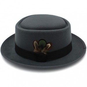 Fedoras Classic Wool Felt Black Pork Pie Hat Porkpie Jazz Fedora Hat Round Top Trilby Stingy Brim Feather Cap - Gray - CB18LG...