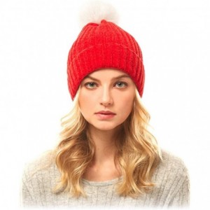 Skullies & Beanies Me Plus Women Fashion Fall Winter Soft Cable Knitted Faux Fur Pom Pom Beanie Hat - Solid Chenille - Red - ...