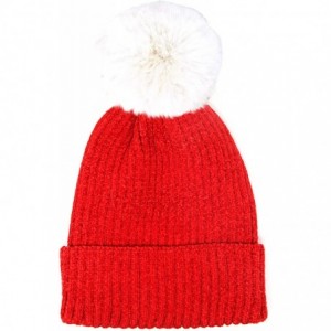 Skullies & Beanies Me Plus Women Fashion Fall Winter Soft Cable Knitted Faux Fur Pom Pom Beanie Hat - Solid Chenille - Red - ...