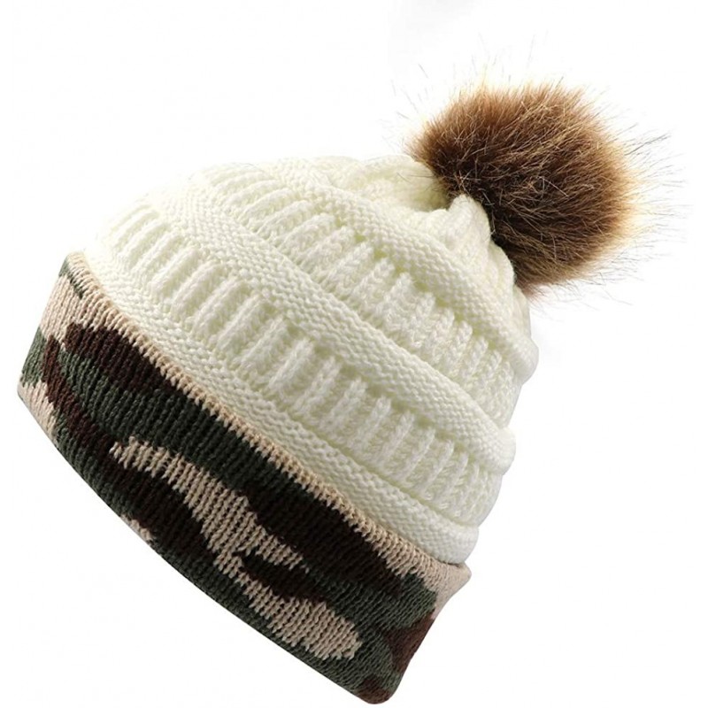 Skullies & Beanies Winter Women Faux Fur Pompom Cuff Beanies Hats Knit Slouchy Ski Skull Camo Baggy Caps Girls Warm Hat - 02-...