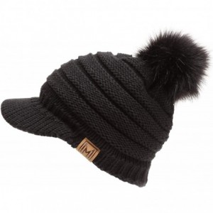 Skullies & Beanies Women's Soft Warm Ribbed Knit Visor Brim Pom Pom Beanie Hat with Plush Lining - Black - CN18HE094GL $29.59