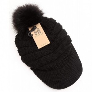 Skullies & Beanies Women's Soft Warm Ribbed Knit Visor Brim Pom Pom Beanie Hat with Plush Lining - Black - CN18HE094GL $26.42