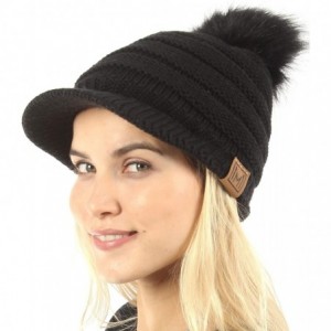 Skullies & Beanies Women's Soft Warm Ribbed Knit Visor Brim Pom Pom Beanie Hat with Plush Lining - Black - CN18HE094GL $26.42