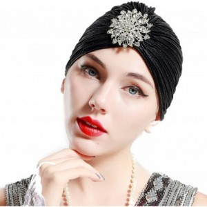 Skullies & Beanies Women's Ruffle Turban Hat Knit Turban Headwraps with Detachable Crystal Brooch for 1920s Gatsby Party - Bl...