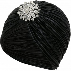 Skullies & Beanies Women's Ruffle Turban Hat Knit Turban Headwraps with Detachable Crystal Brooch for 1920s Gatsby Party - Bl...