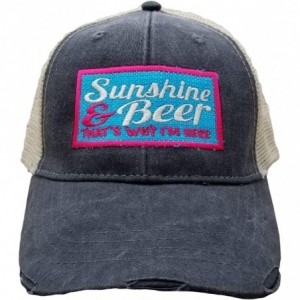 Baseball Caps Sunshine and Beer That's Why I'm Here- Square Patch Work- Distressed Black Trucker Hat - CQ18N85MQ89 $29.44