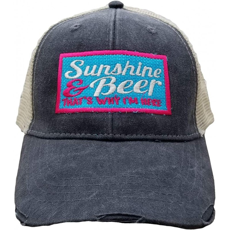 Baseball Caps Sunshine and Beer That's Why I'm Here- Square Patch Work- Distressed Black Trucker Hat - CQ18N85MQ89 $33.03