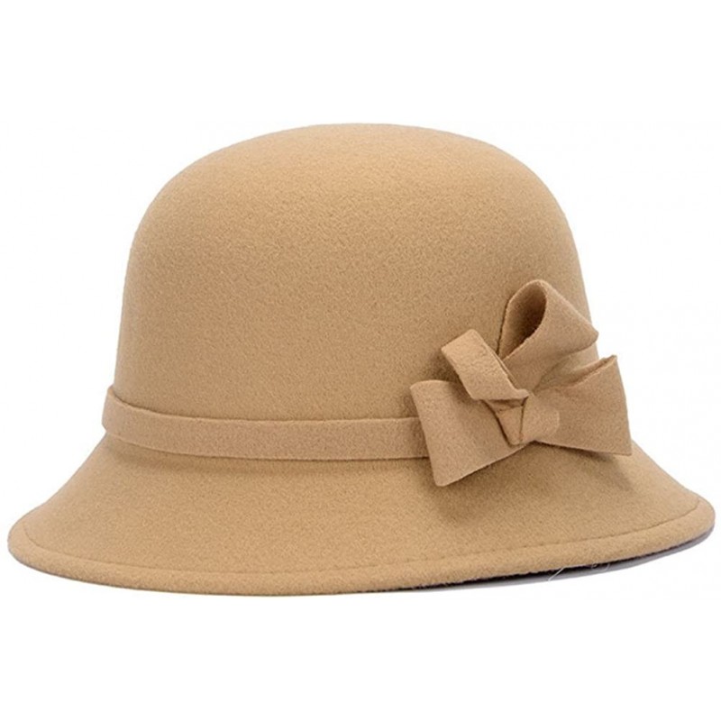 Skullies & Beanies Women's Top Bowler Cap Vintage Style Cloche Bucket Hats With Bowknot - Camel - CT188KXGX5U $32.52