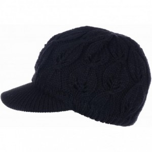 Newsboy Caps Womens Winter Chic Cable Warm Fleece Lined Crochet Knit Hat W/Visor Newsboy Cabbie Cap - Leafy Black - C31860X7S...
