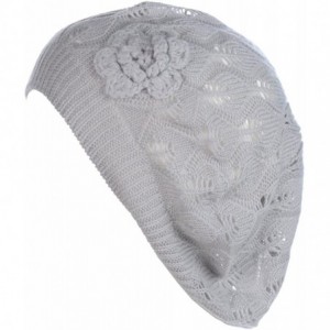 Berets Chic Parisian Style Soft Lightweight Crochet Cutout Knit Beret Beanie Hat - Lt. Gray Leafy - C812MX3AXXT $22.93