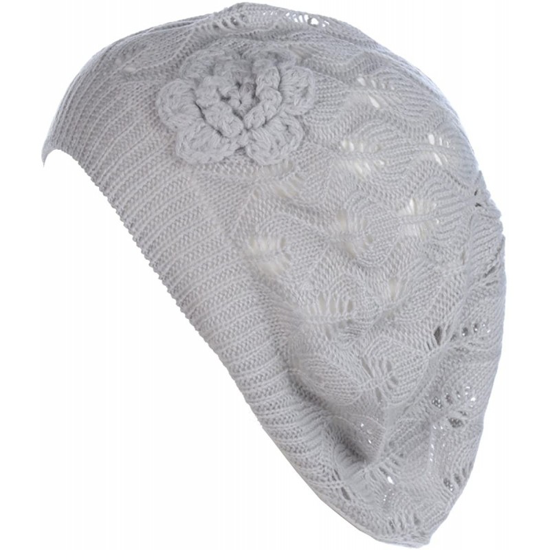 Berets Chic Parisian Style Soft Lightweight Crochet Cutout Knit Beret Beanie Hat - Lt. Gray Leafy - C812MX3AXXT $24.30