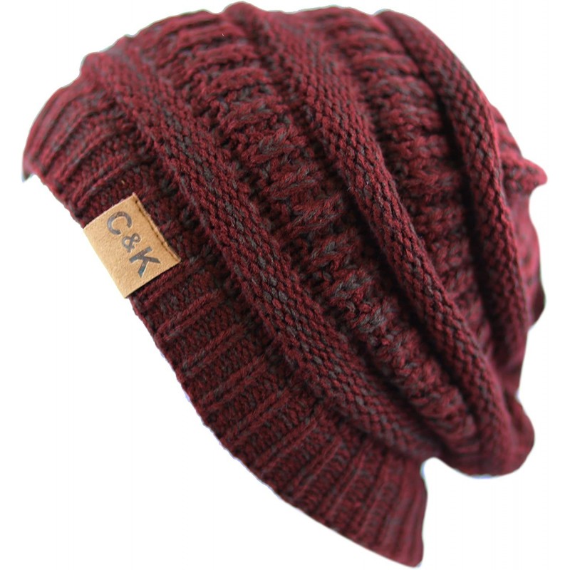 Skullies & Beanies Soft Stretch Cable Knit Warm Chunky Beanie Skully Winter Hat - 2. Two Tone Burgundy-2 - CW12MAH0VUH $22.02