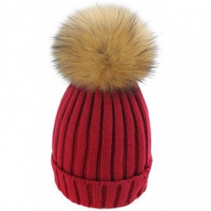 Skullies & Beanies Women Cable Knit Beanie Raccoon Fur Fuzzy Pompom Chunky Winter Stretch Skull Cap Cuff Hat - 20dark Red - C...