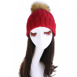 Skullies & Beanies Women Cable Knit Beanie Raccoon Fur Fuzzy Pompom Chunky Winter Stretch Skull Cap Cuff Hat - 20dark Red - C...