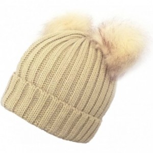 Skullies & Beanies Women's Winter Chunky Knit Beanie Hat with Double Faux Fur Pom Pom Ears - Beige - CY12M8LUWBH $22.71