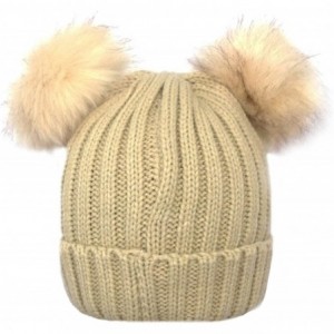 Skullies & Beanies Women's Winter Chunky Knit Beanie Hat with Double Faux Fur Pom Pom Ears - Beige - CY12M8LUWBH $22.71