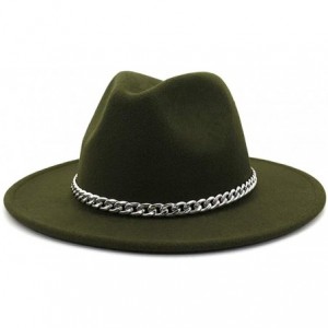 Fedoras Wide Brim Panama Fedoras Hat Felt Hat with Chain Belt for Men Women - Army Green - C0193MXI8SU $25.66