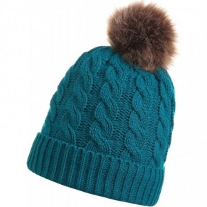 Skullies & Beanies Women's Winter Ribbed Knit Faux Fur Pompoms Chunky Lined Beanie Hats - Dark Green - CU18II822XR $19.85