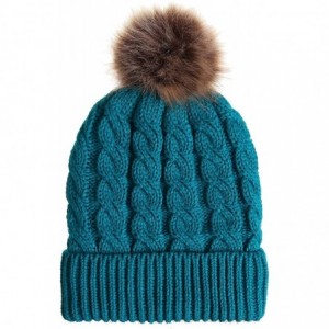 Skullies & Beanies Women's Winter Ribbed Knit Faux Fur Pompoms Chunky Lined Beanie Hats - Dark Green - CU18II822XR $19.85