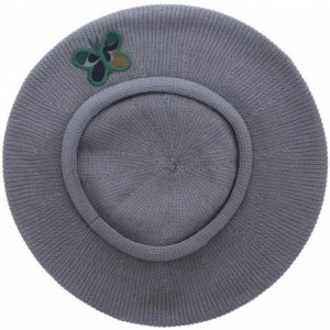 Berets 100% Cotton Beret French Ladies Hat with Army Butterfly Applique - Grey - C518R5YTCWZ $40.82