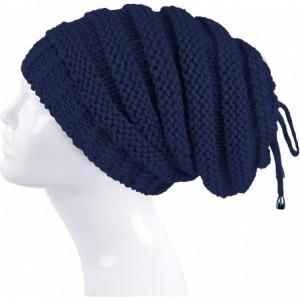 Skullies & Beanies Cable Knit Slouchy Chunky Stripe Oversized Soft Warm Winter Beanie Hat - Navy - CX18I5SD9Y9 $19.77