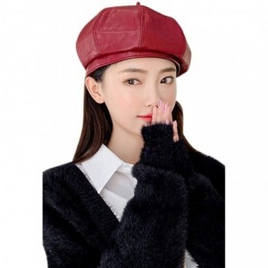Berets Women PU Beret Hat Casual Winter Fall French Style Solid Color Artist Hats - Wine - C518Z0W9RDG $22.68