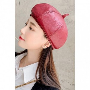 Berets Women PU Beret Hat Casual Winter Fall French Style Solid Color Artist Hats - Wine - C518Z0W9RDG $22.68