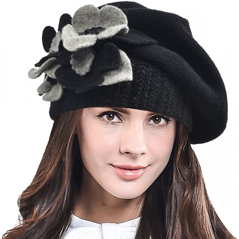 Berets Lady French Beret Wool Beret Chic Beanie Winter Hat Jf-br034 - Floral Black - CC12NZQH4OZ $32.35