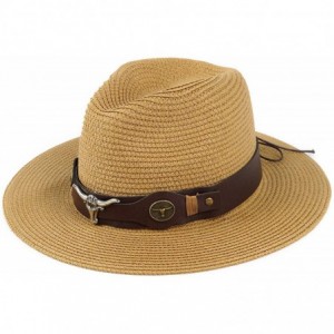 Sun Hats Summer Fedora Straw Panama Hat Roll up Straw Beach Sun Hat Sun Protection UPF50+ - B-khaki - CL18UQROUQZ $35.75