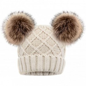 Skullies & Beanies Women Winter Cable Knit Fleece Lined Warm Pom Pom Beanie Hat - Grid_beige - CQ18TEDQYXZ $31.82