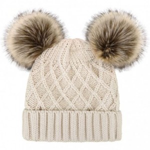 Skullies & Beanies Women Winter Cable Knit Fleece Lined Warm Pom Pom Beanie Hat - Grid_beige - CQ18TEDQYXZ $26.52
