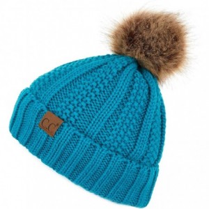 Skullies & Beanies Exclusives Fuzzy Lined Knit Fur Pom Beanie Hat (YJ-820) - Teal - CR18I6RKY23 $35.43