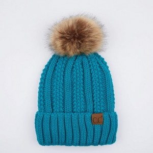 Skullies & Beanies Exclusives Fuzzy Lined Knit Fur Pom Beanie Hat (YJ-820) - Teal - CR18I6RKY23 $35.43