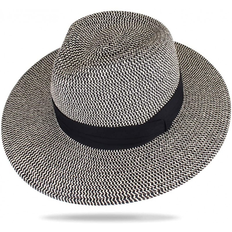 Sun Hats Panama Hat Sun Hats for Women Men Wide Brim Fedora Straw Beach Hat UV UPF 50 - Black Beige - CB18NRZHA7O $45.78