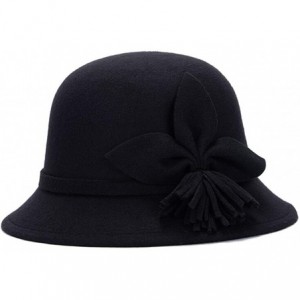 Bomber Hats Fahion Style Woolen Cloche Bucket Hat with Flower Accent Winter Hat for Women - Pure Black-c - CI1208QHEQP $49.43
