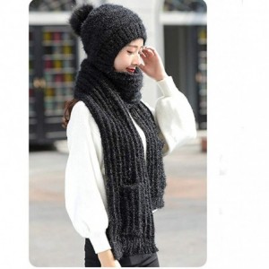 Skullies & Beanies Knitted Hat Scarf Set Fashion Winter Warm Knitted Hat with Attached Scarf for Womens Girls - Black - CT18Y...