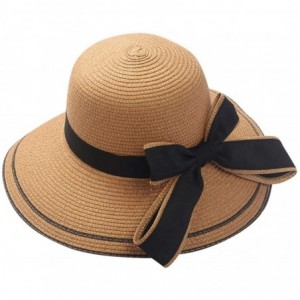 Sun Hats 1 pcs Women Sun Hat Floppy Foldable Ladies Bow Straw Beach Sun Summer Hat Wide Brim Jazz Straw Hats - Navy - CD18QWH...