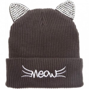 Skullies & Beanies Women's Soft Warm Embroidered Meow Cat Ears Knit Beanie Hat with Stone Embellished (Charcoal) - CY18Y3MU05...