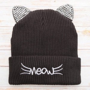 Skullies & Beanies Women's Soft Warm Embroidered Meow Cat Ears Knit Beanie Hat with Stone Embellished (Charcoal) - CY18Y3MU05...