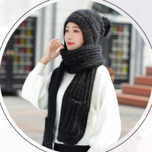 Skullies & Beanies Knitted Hat Scarf Set Fashion Winter Warm Knitted Hat with Attached Scarf for Womens Girls - Black - CT18Y...