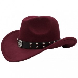Cowboy Hats Straw Western Cowboy Hat Unisex Vintage Wide Brim Sun Hats Outback Hat with Punk Leather Belt - Wine Red - CY18SZ...