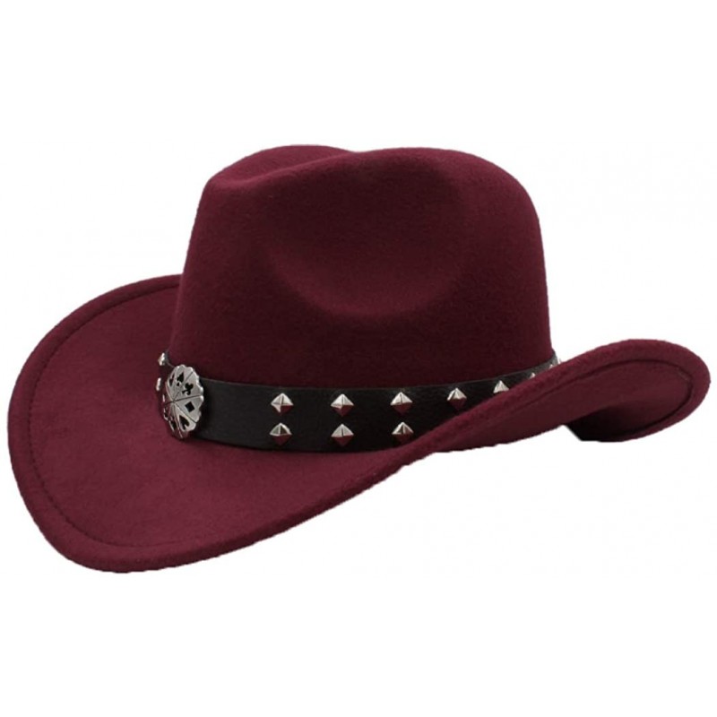 Cowboy Hats Straw Western Cowboy Hat Unisex Vintage Wide Brim Sun Hats Outback Hat with Punk Leather Belt - Wine Red - CY18SZ...