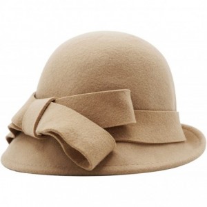 Bucket Hats Women Solid Color Winter Hat 100% Wool Cloche Bucket with Bow Accent - Camel - CA12937YY3V $46.02