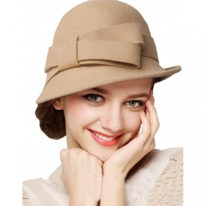Bucket Hats Women Solid Color Winter Hat 100% Wool Cloche Bucket with Bow Accent - Camel - CA12937YY3V $41.58