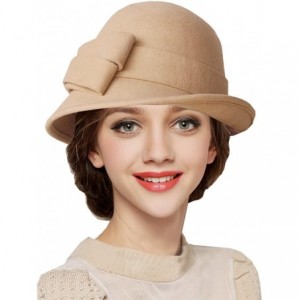 Bucket Hats Women Solid Color Winter Hat 100% Wool Cloche Bucket with Bow Accent - Camel - CA12937YY3V $41.58