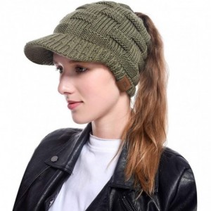 Skullies & Beanies Women's Warm Chunky Cable Knit Messy Bun Hat Ponytail Visor Beanie Cap - Weave - Black - CW18Z2MXODW $18.12