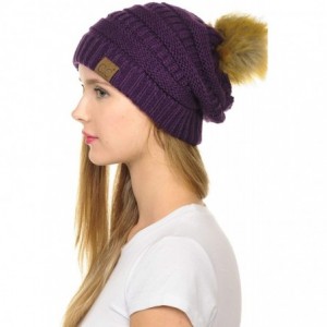 Skullies & Beanies Hat-43 Thick Warm Cap Hat Skully Faux Fur Pom Pom Cable Knit Beanie - Dark Purple - C618X8WIRLL $25.89