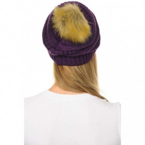 Skullies & Beanies Hat-43 Thick Warm Cap Hat Skully Faux Fur Pom Pom Cable Knit Beanie - Dark Purple - C618X8WIRLL $25.89