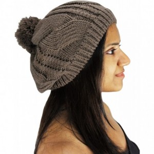 Skullies & Beanies Stylish Thick Chunky Cable Knit Pom Pom Slouch Beanie Hat - Taupe - CK11QH19N0V $20.50